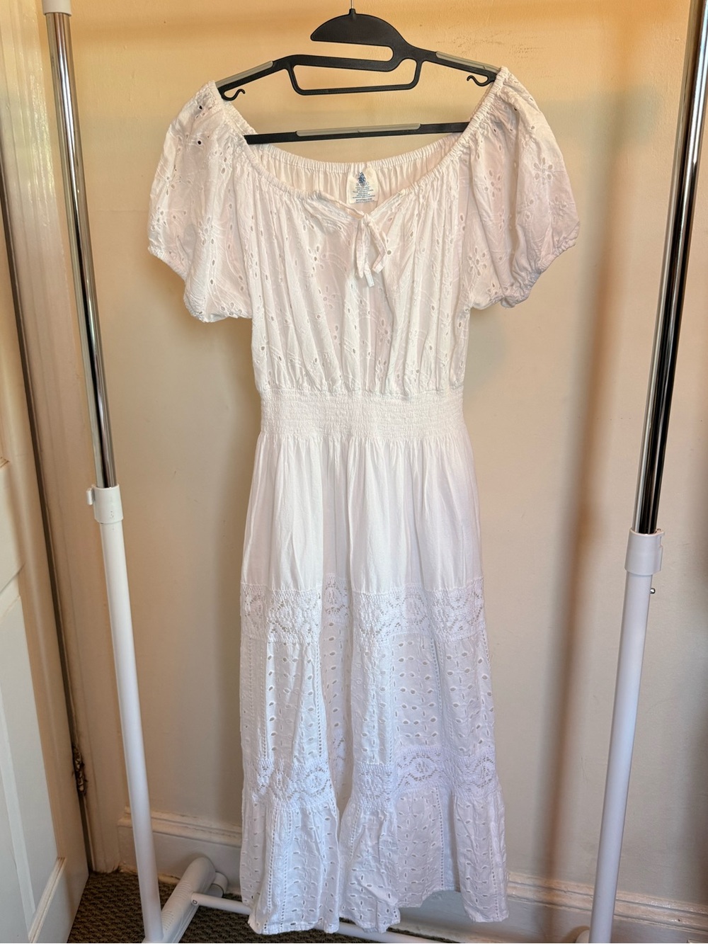 White Eyelet Midi Dress with Puff Sleeves